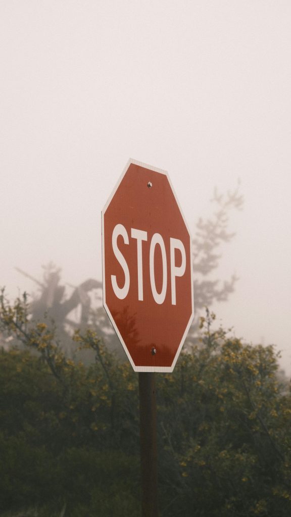 Red stop sign in a misty landscape, symbolizing caution and pause in foggy conditions.